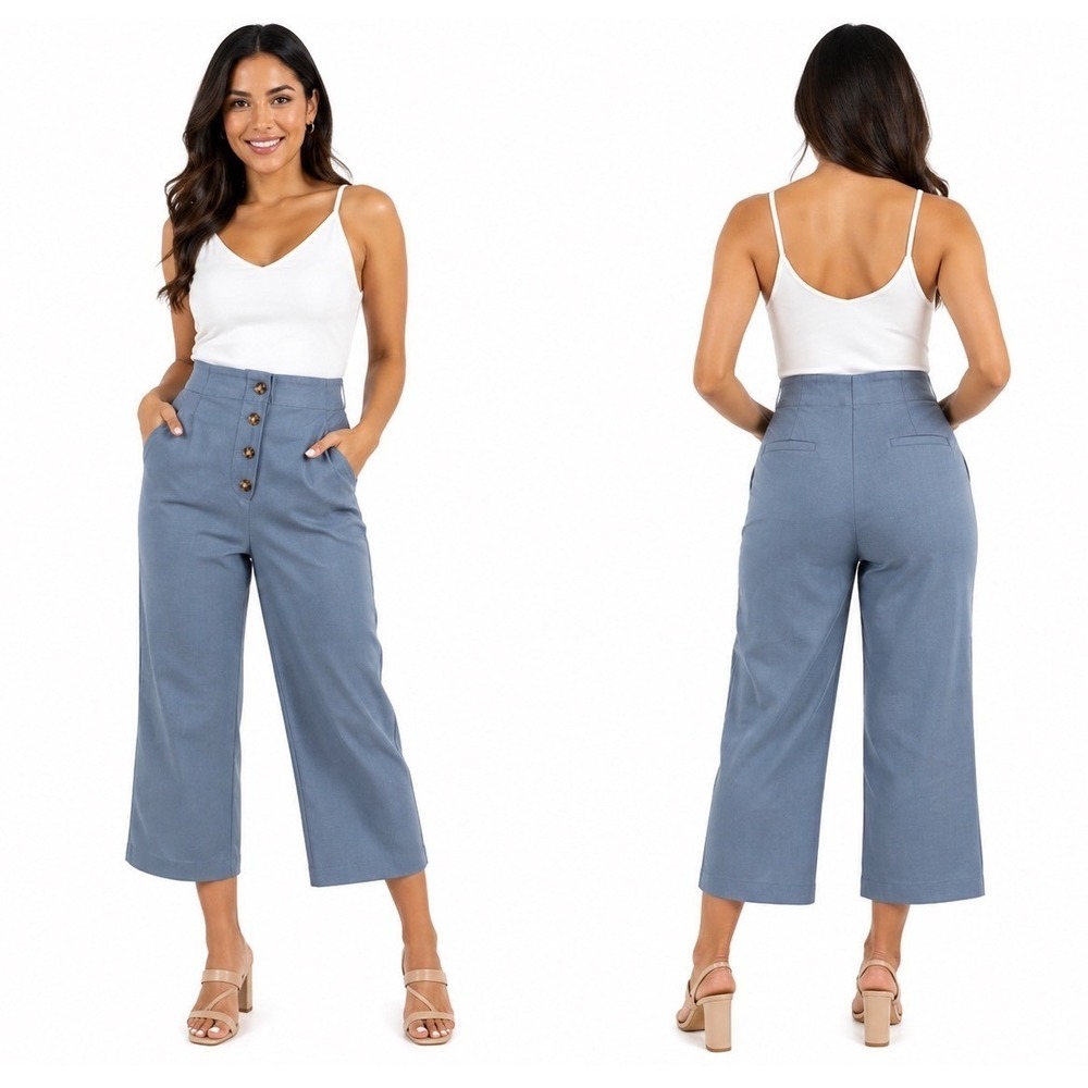 Loft High Waist Wide Leg Button Fly Trousers Blue Cropped Pants 8 Nautical 76-19